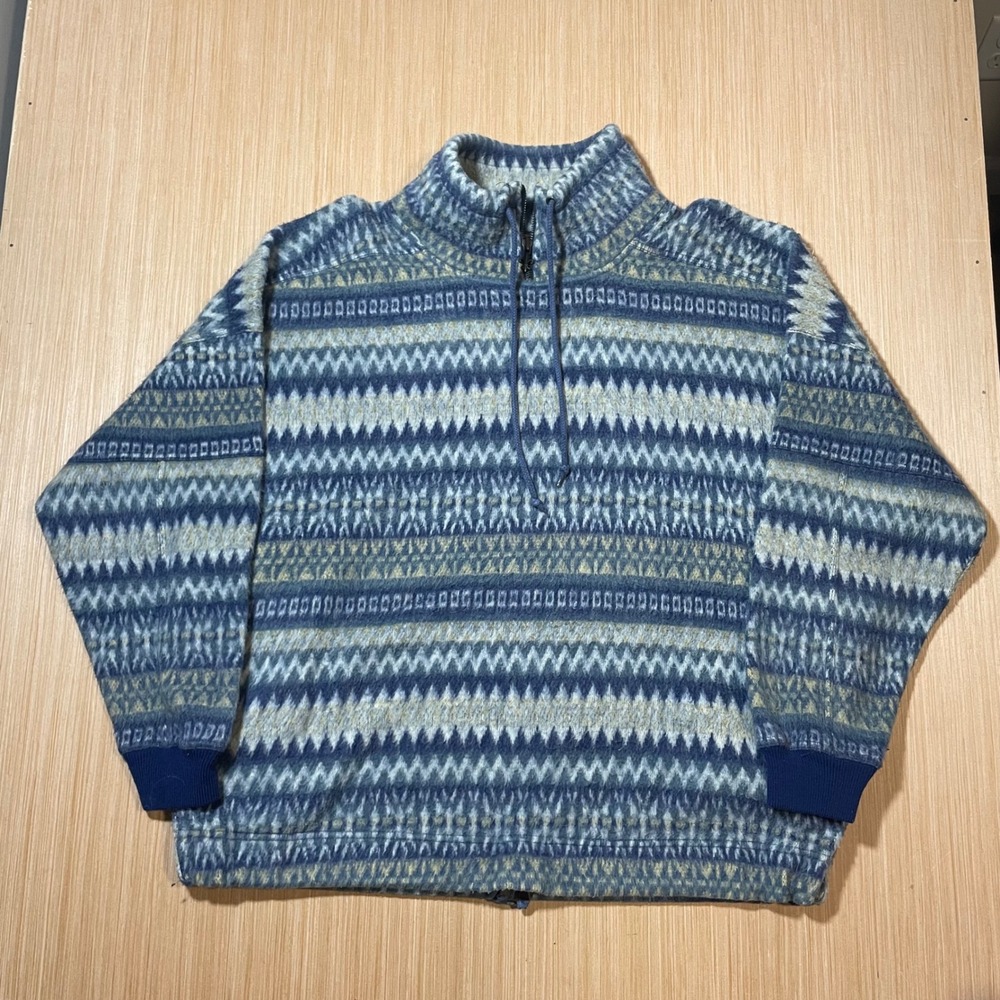French Country Express Fleece Pullover Mens Blue Fair Isle Geometric Quarter Zip
